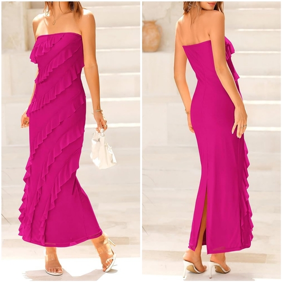 NWT BTFBM Hot Pink Strapless Tube Ruffle Frill Mesh Bodycon Long Maxi Dress XXL - Picture 2 of 13